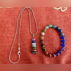 Chakra stones pendant with silver chain and bracelet.